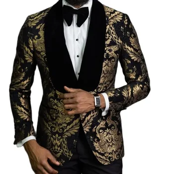  Черные жаккардовые мужские костюмы в цветочек для выпускного вечера, приталенный костюм из 2 предметов с бархатной шалью на лацкане, свадебный смокинг жениха (пиджак + брюки + галстук-бабочка)