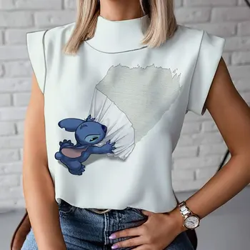  Женская одежда 2023 летняя новинка Disney Stitch, шикарная маленькая нишевая футболка с короткими рукавами, без рукавов, с высоким воротом, с короткими рукавами