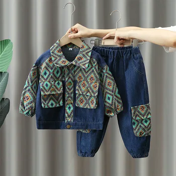  Весенне-осенний комплект одежды для мальчиков, новые детские модные джинсовые топы с отворотами, джинсы, комплекты из 2 предметов, верхняя одежда для детей от 1 до 12 лет