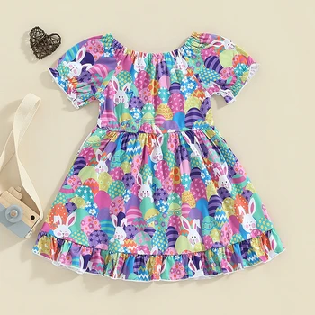  Пасхальное платье-качели для девочек с принтом яйца кролика, плиссированное платье с оборками, короткий рукав, сарафан для маленьких девочек