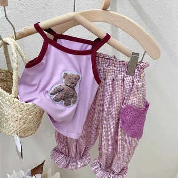  Летний костюм-двойка с милым мультяшным медведем для девочек 2023 года, комплект детской одежды для маленьких детей, включая подтяжки + брюки