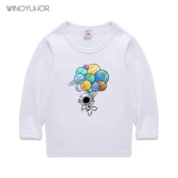  Детские футболки из 100% хлопка с воздушным шаром и астронавтом, повседневная футболка с длинным рукавом, топы с героями мультфильмов для маленьких мальчиков и девочек, забавная одежда