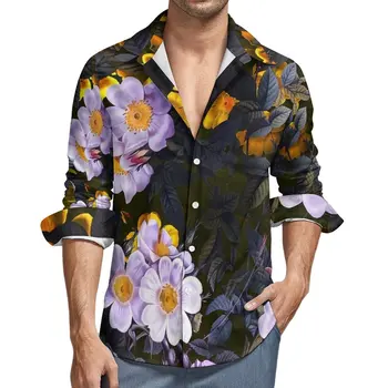  Фиолетовые повседневные рубашки с цветочным рисунком, мужская рубашка Midnight Forest С длинным рукавом, крутые блузки Y2K, осенние графические топы, Большие размеры 4XL
