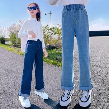  Детские джинсы для девочек, одежда, весна-осень, Свободные детские широкие брюки, шикарные джинсовые брюки на пуговицах для девочек-подростков