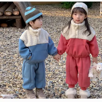  Комплект детской одежды 2023, Новинка Зимы, Модный Кашемировый Комплект Соответствующего цвета В Корейском стиле, Теплый Повседневный Простой Комплект Из Двух предметов