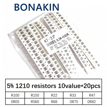  200ШТ 5% 1210 SMD резисторов в наборе ассорти, значение 10 * 20шт = 200шт 0R82 0R75 R68 R560 0R50 R47 R33 R22 R150 R100