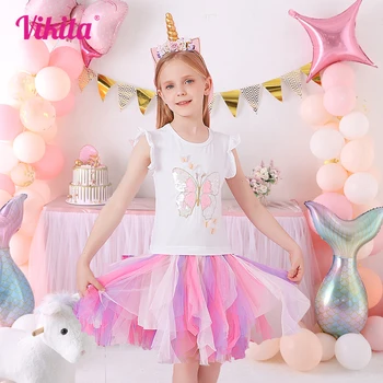  Платья принцессы VIKITA для девочек, детские платья-пачки с бабочками и блестками, летнее платье без рукавов для малышей 3-8 лет