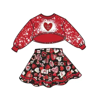  Ко Дню Святого Валентина Новый стиль детской одежды Костюм с юбкой с длинными рукавами с принтом любви детская одежда для девочек Одежда для малышей