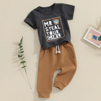  Весенняя одежда для маленьких мальчиков 6 12 18 24 месяцев, рубашка с коротким рукавом и буквами, повседневный комплект длинных брюк для бега трусцой