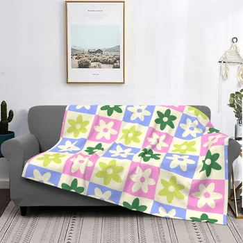 Одеяла с пастельным цветочным рисунком в шахматном порядке, Фланелевые одеяла с цветочным принтом, Дышащие Мягкие Пледы для дивана, автомобильное одеяло