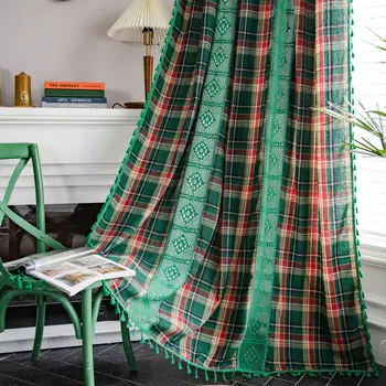  Зеленая льняная занавеска из полиэстера в клетку с прозрачными деталями в стиле пэчворк - Полу Затемнение для гостиной, спальни, кухонной перегородки