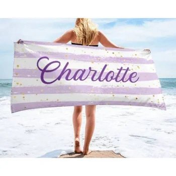  Пользовательское название Персонализированное пляжное полотенце с буквенным принтом из микрофибры Креативное Красочное летнее пляжное купальное полотенце в полоску с блестками