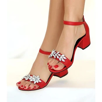  Женские свадебные туфли на низком каблуке с красными стразами, женские туфли-лодочки с ремешком на щиколотке, женские туфли на блочном каблуке, большие размеры 33-43