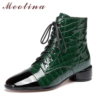  Meotina/ Ботинки из натуральной кожи, Женские ботинки на платформе на толстом среднем каблуке, Ботильоны с квадратным носком, на шнуровке, на молнии, Зимние, Черные, зеленые, 42 г.