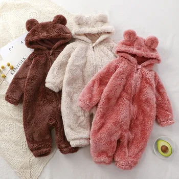  Зимний теплый комбинезон для новорожденных, детская плюшевая верхняя одежда, детские пижамы, Новый дизайн, боди с капюшоном с милым медведем, одежда для девочек и мальчиков