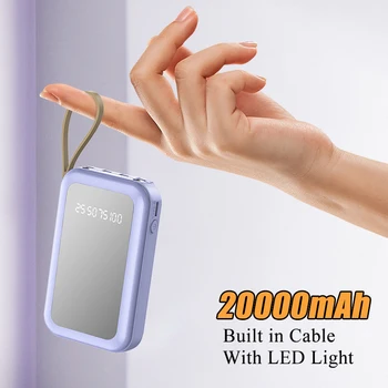 Мини-банк питания 20000 мАч Портативное зарядное устройство Powerbank Встроенный кабель Светодиодная подсветка Внешний аккумулятор Poverbank для iPhone Xiaomi