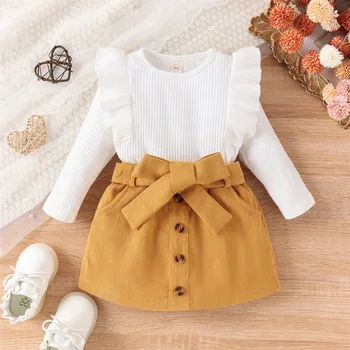  Осенне-зимняя одежда для маленьких девочек, вязаный свитер с длинными рукавами и оборками, топ, мини-юбка, комплект одежды