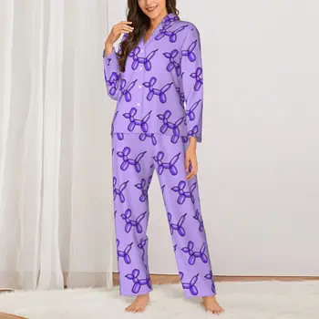  Фиолетовые пижамные комплекты с воздушным шаром, осенние пижамы с абстрактными животными, элегантная Повседневная одежда для сна, женские 2 предмета, эстетичная идея подарка для пижамы Оверсайз