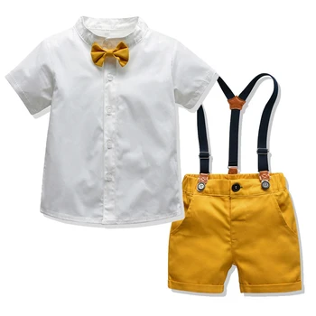  Официальная одежда для мальчиков, костюм, детская однотонная рубашка, Желтые шорты с бантом, Комплект одежды с поясом, Свадьба, День рождения, Одежда для малышей, Детская верхняя одежда для мальчиков