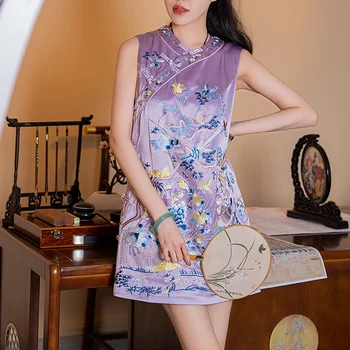  Высококачественное Женское Ацетатное платье Cheongsam в стиле ретро С элегантной вышивкой Феникс Трапециевидное Женское Вечернее платье Ципао S-XXL