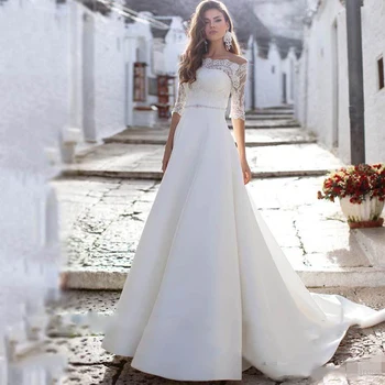  Кружевные свадебные платья трапециевидной формы с вырезом Бато и короткими рукавами 2020, скромные Атласные свадебные платья Нового дизайна, длинные с пуговицами сзади