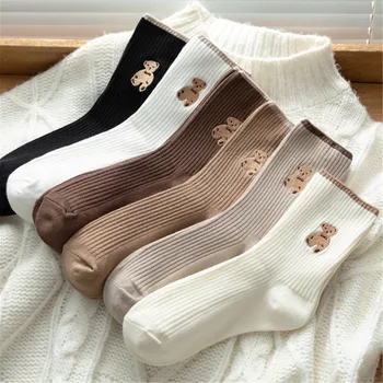  6 пар японских носков, комплект женских повседневных носков, зимние однотонные хлопчатобумажные носки, осенние простые женские носки средней длины с героями мультфильмов