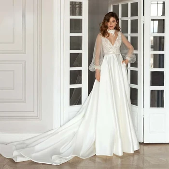  Иллюзия Холтерной шеи, Длинные рукава, Белое свадебное платье с глубоким V-образным вырезом, Кружевная аппликация, Мягкое атласное свадебное платье с открытой спиной, Vestido De Novia