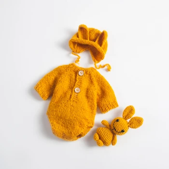  Милая одежда для фотосъемки новорожденных, детская вязаная шапка с кроликом + комплект комбинезонов, реквизит для фотосессии младенцев, аксессуары, одежда для студийной фотосессии новорожденных