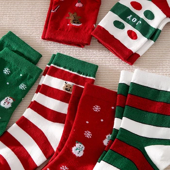  1 пара женских рождественских хлопчатобумажных носков с высокой эластичностью, Рождественские носки, Зимние носки с рисунком Лося, Носки средней длины, Рождественские носки 2024
