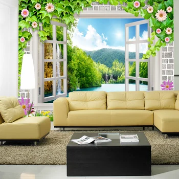  бейбеханг обои с пейзажем из папье-маше, настенные панно, поддельные окна, деревенская гостиная, диван, телевизор, фоновые обои papel de parede