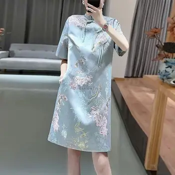  2023 новое китайское улучшенное свободное платье чонсам женское с коротким рукавом и воротником стойкой с принтом в китайском стиле элегантное платье ципао s493