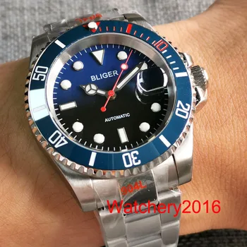  Новые мужские автоматические часы BLIGER 40 мм с сине-черным градиентным циферблатом, 24 драгоценности NH35A, полированный ремешок, Красная стрелка, сапфировое стекло