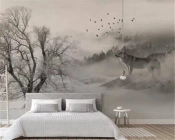  beibehang Изготовленный на заказ современный скандинавский минималистичный черно-белый снег, большое дерево, летящая птица, фон с волком, обои papel de parede