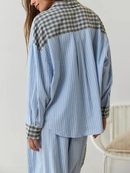  Женская пижама Lounge Y2k, комплект из 2 предметов, рубашка с длинным рукавом и пуговицами спереди, Широкие брюки, Полосатая клетчатая Пижама, Пижамы