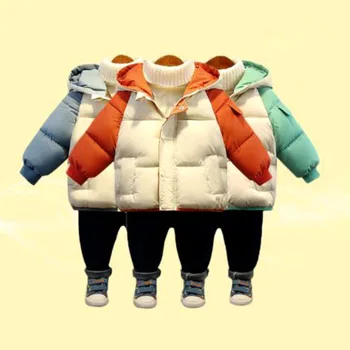 2023 Зимняя Теплая куртка С капюшоном, пальто, Модный Цветной блок Для мальчиков и Девочек 2-7 лет, Beibei, Новая корейская версия Детской одежды