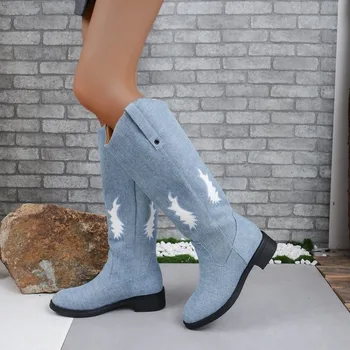  QUTAA/ 2023/ Женские ботинки до середины икры на толстом среднем каблуке, осенне-зимняя джинсовая офисная женская базовая обувь с круглым носком, женский размер
