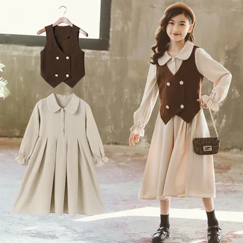  Корейская детская одежда 2023, весенние комплекты из 2 предметов, жилет с V-образным вырезом для младшей девочки, цельное платье для девочки-подростка, костюм из 2 предметов для девочки-подростка