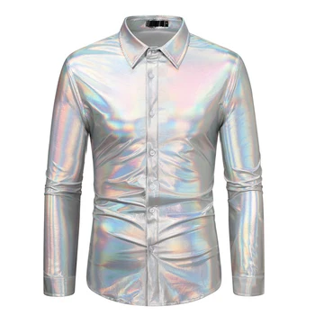  Мужское сексуальное платье для дискотеки, блестящая повседневная рубашка на пуговицах с длинным рукавом, облегающая однотонная рубашка для вечеринки в ночном клубе, блестящие мужские рубашки