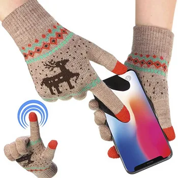  2022 Зимние Перчатки Женские Мужские Рождественские рукавицы с изображением Лося и снежинки Толстые теплые вязаные перчатки для вождения на велосипеде с сенсорным экраном на все пальцы