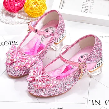  Кожаные туфли принцессы Диснея Эльзы Для девочек, Туфли на высоком каблуке, Модные хрустальные блестящие детские сине-розовые туфли для девочек, Размер 26-35