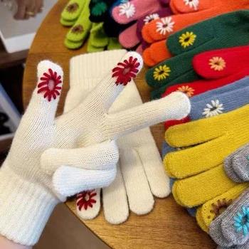  Женские вязаные перчатки с сенсорным экраном, Зимние женские перчатки, теплые перчатки, однотонные пушистые рабочие перчатки, варежки Harajuku для женщин