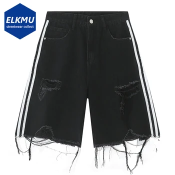  Рваные джинсовые шорты в полоску сбоку, модные Черные джинсовые шорты с потертостями и кисточками, мужские летние уличные шорты Harajuku в стиле хип-хоп Y2K