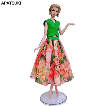  Модная кукольная одежда для куклы Барби, наряды для вечеринки, зеленый топ и красочная юбка миди с цветочным рисунком, аксессуары для кукол 1/6, детские игрушки