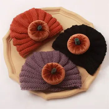  Зимний теплый детский тюрбан с милой тыквой, мягкая эластичная детская шапочка-капор, детские вязаные шапки для мальчиков и девочек