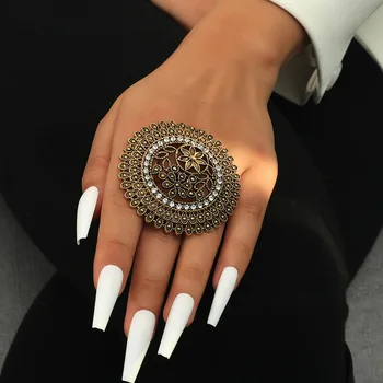  Женское кольцо на палец с выгравированным цветочным узором в стиле ретро, винтажное, античное, большого золотого цвета, женские кольца-Миди, стильные индийские ювелирные изделия